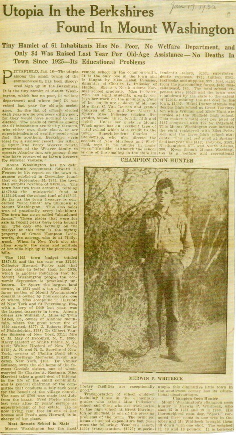 Utopia In the Berkshires Found in Mount Washington, January 17, 1932