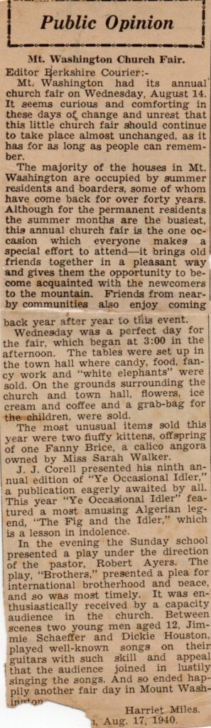 Mt. Washington Fair Public Opinion by Harriet Miles 8/17/1940-Berkshire Courrier